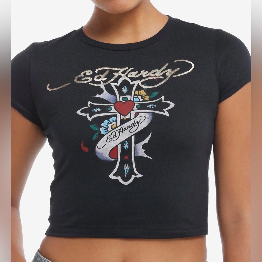 Ed Hardy Baby Doll Tee WOMENS Crop top Size Small Retro Gothic Cross Y2K - Picture 3 of 7